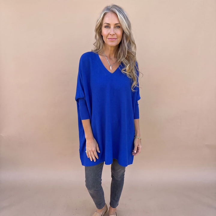 Damen Oversize V-Ausschnitt Pullover Damen Strick Tunika - Dunkelblau