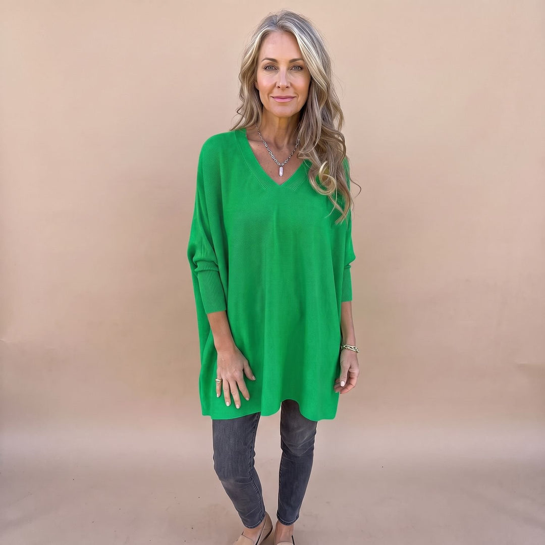 Damen Oversize V-Ausschnitt Pullover Damen Strick Tunika - Grün