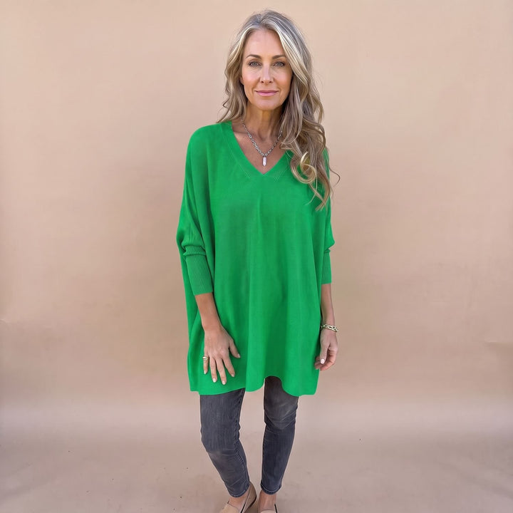 Damen Oversize V-Ausschnitt Pullover Damen Strick Tunika - Grün