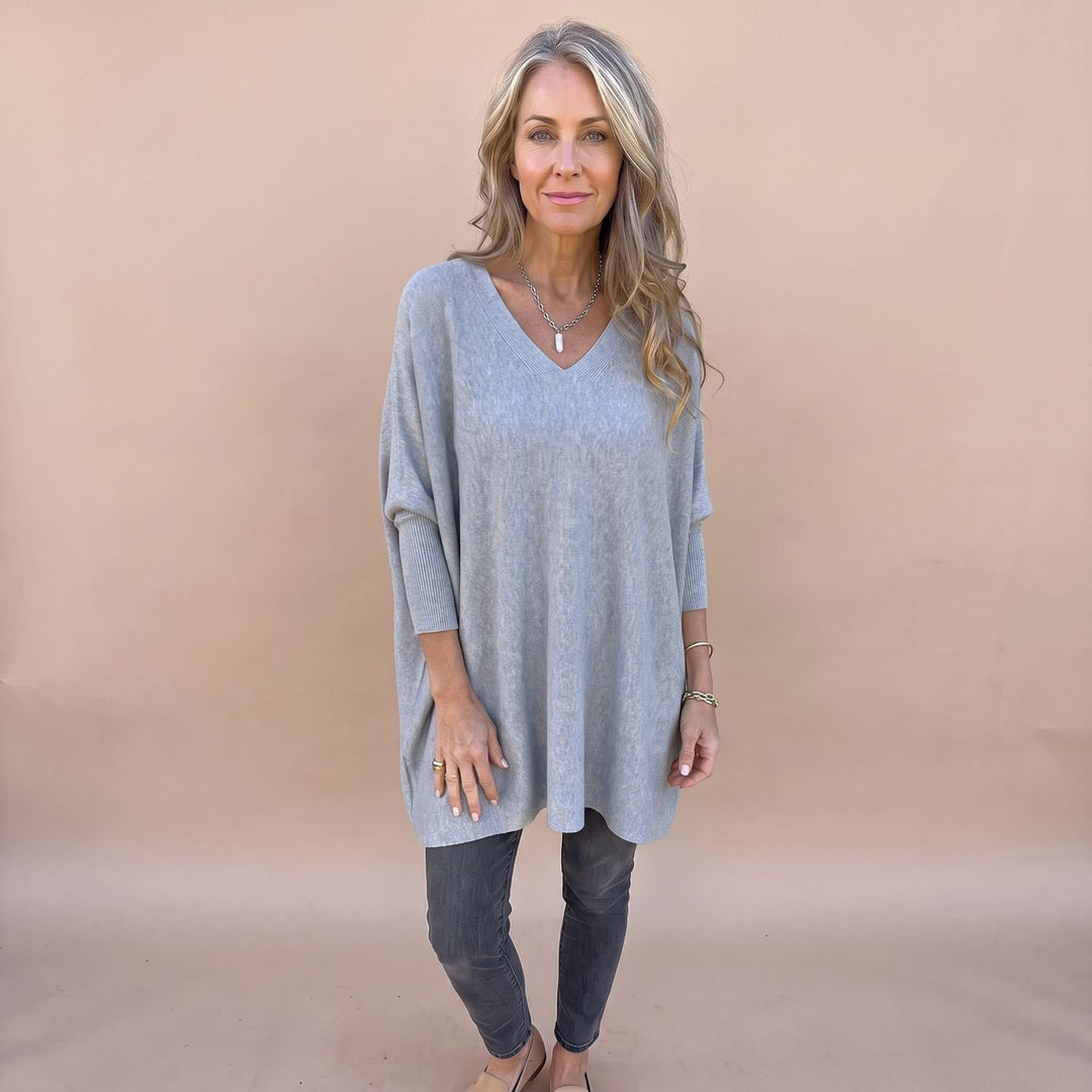 Damen Oversize V-Ausschnitt Pullover Damen Strick Tunika - Grau
