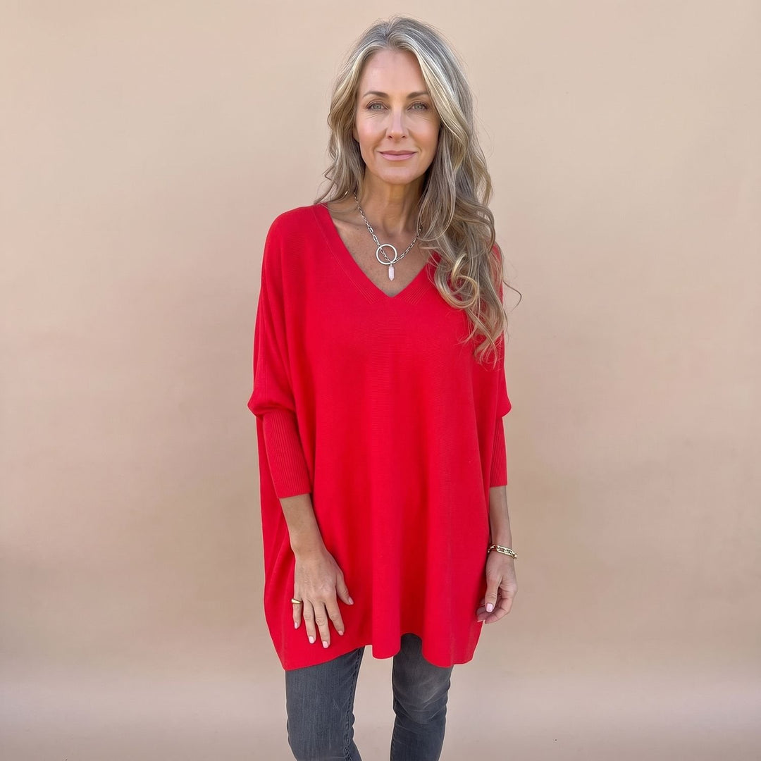 Damen Oversize V-Ausschnitt Pullover Damen Strick Tunika - Rot
