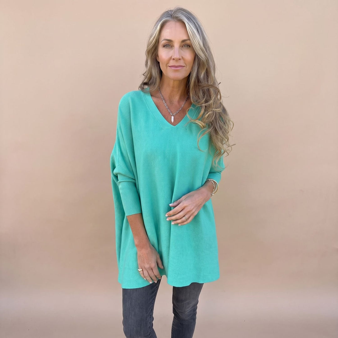 Damen Oversize V-Ausschnitt Pullover Damen Strick Tunika - Blau