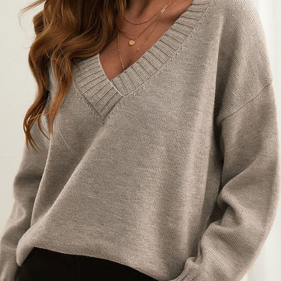 Damen Oversize V-Ausschnitt Strickpullover Langarm