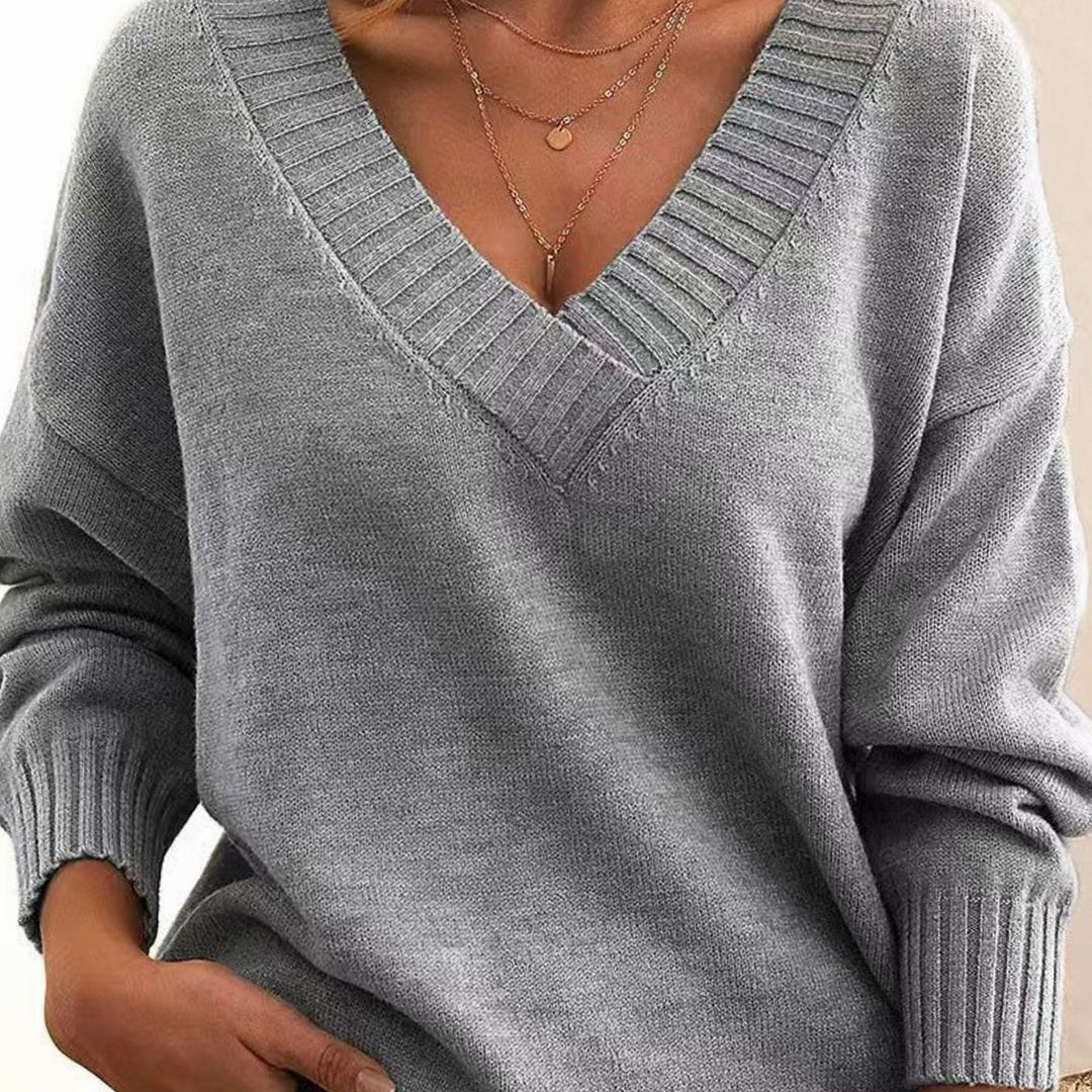Damen Oversize V-Ausschnitt Strickpullover Langarm - Grau