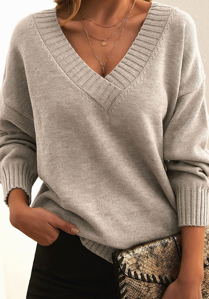 Damen Oversize V-Ausschnitt Strickpullover Langarm