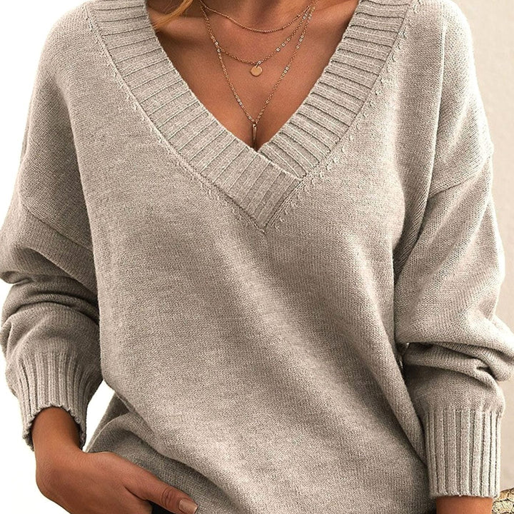 Damen Oversize V-Ausschnitt Strickpullover Langarm - Beige
