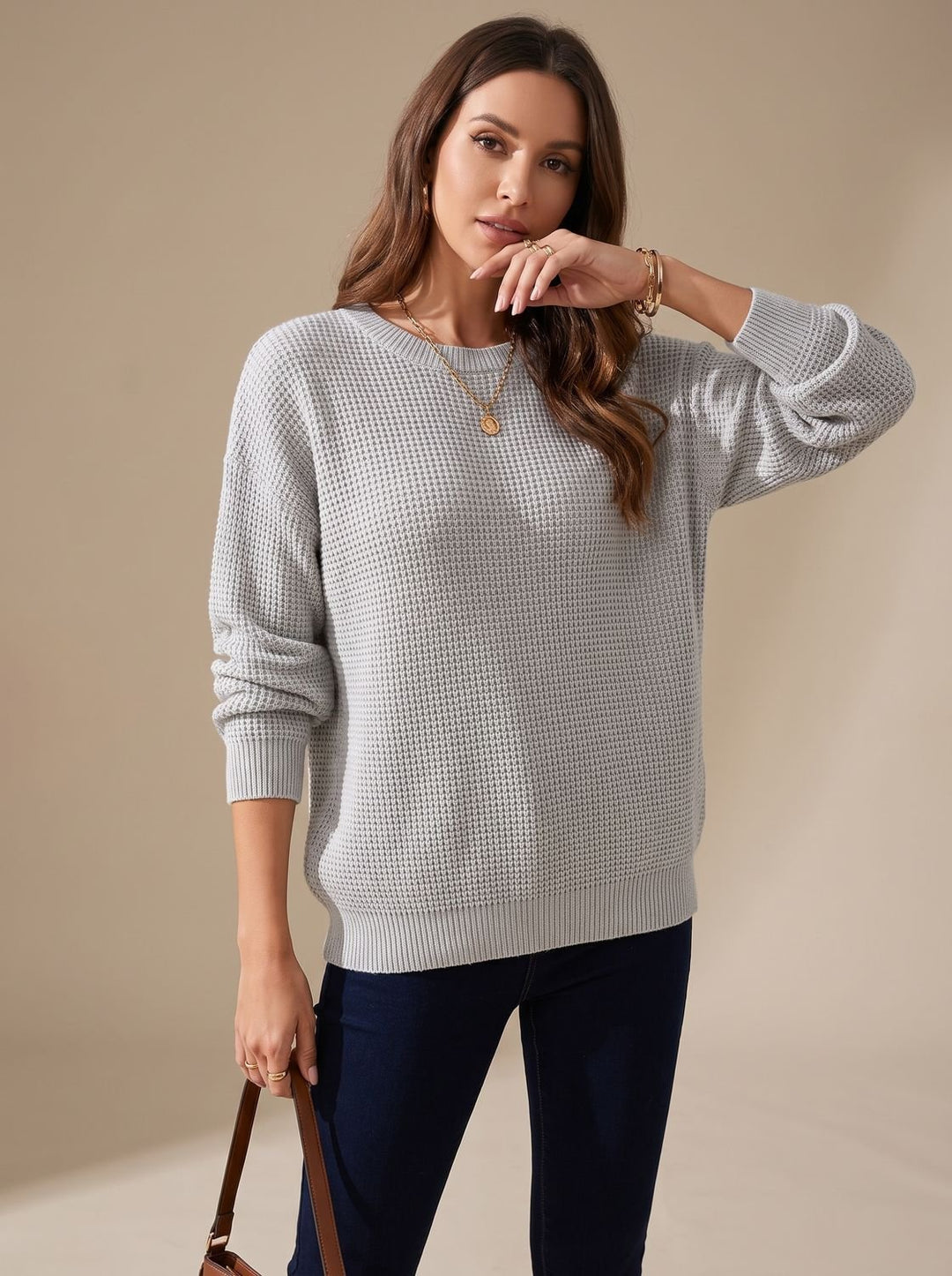 Damen Oversize Waffelstrick-Pullover mit Rundhalsausschnitt