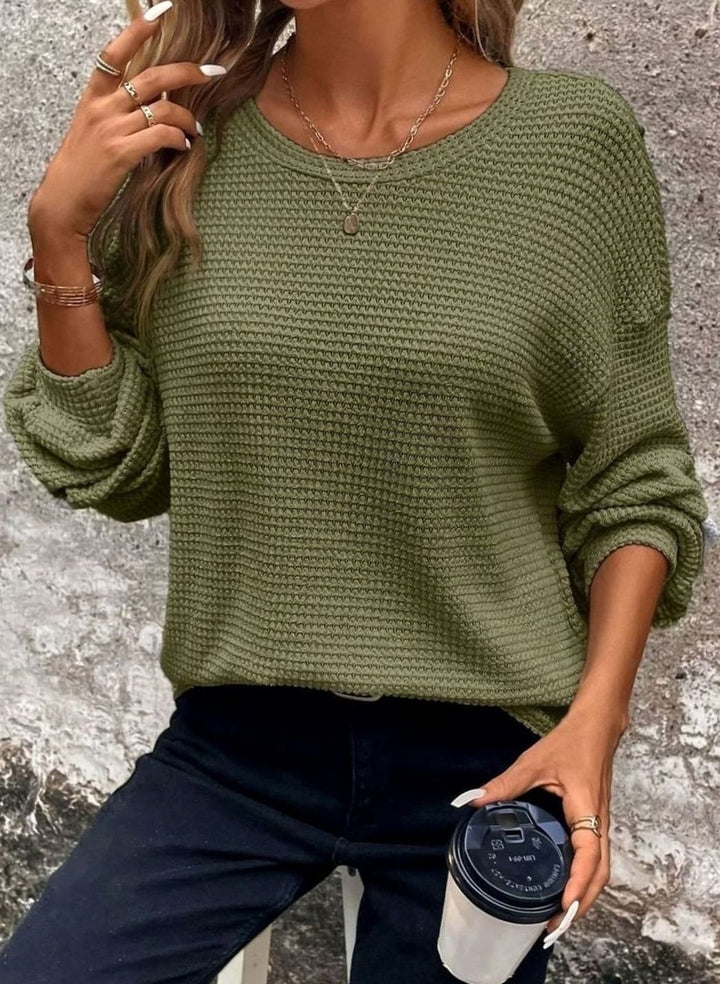 Damen Oversize Waffelstrick-Pullover mit Rundhalsausschnitt