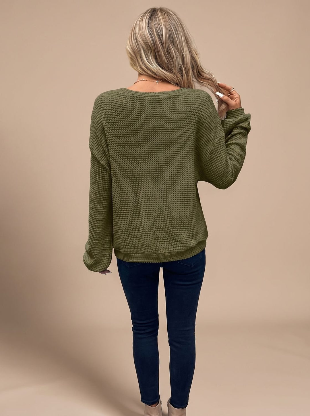 Damen Oversize Waffelstrick-Pullover mit Rundhalsausschnitt