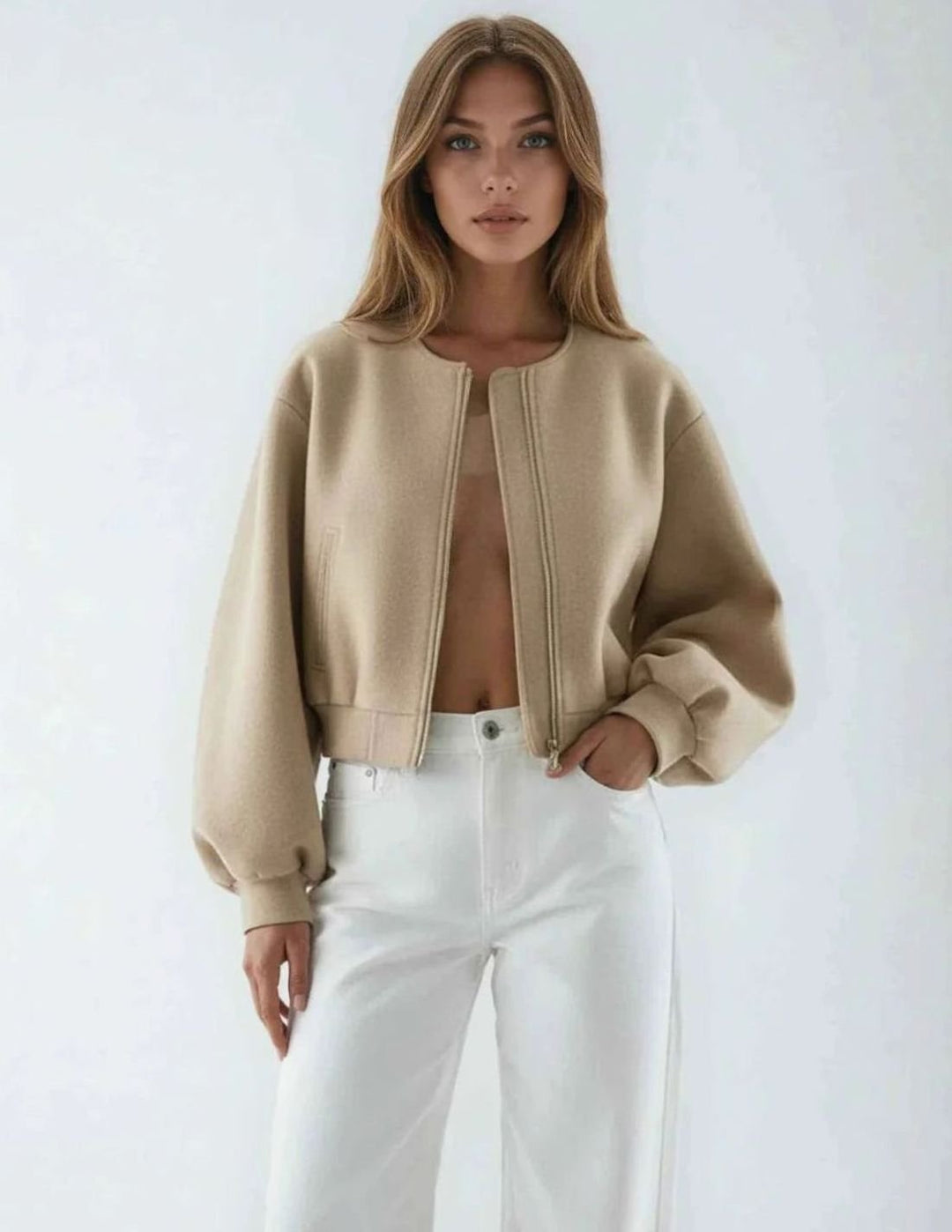 Damen Oversized Bomberjacke mit Ballonärmeln und Reißverschluss - Khaki