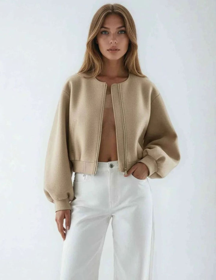 Damen Oversized Bomberjacke mit Ballonärmeln und Reißverschluss - Khaki