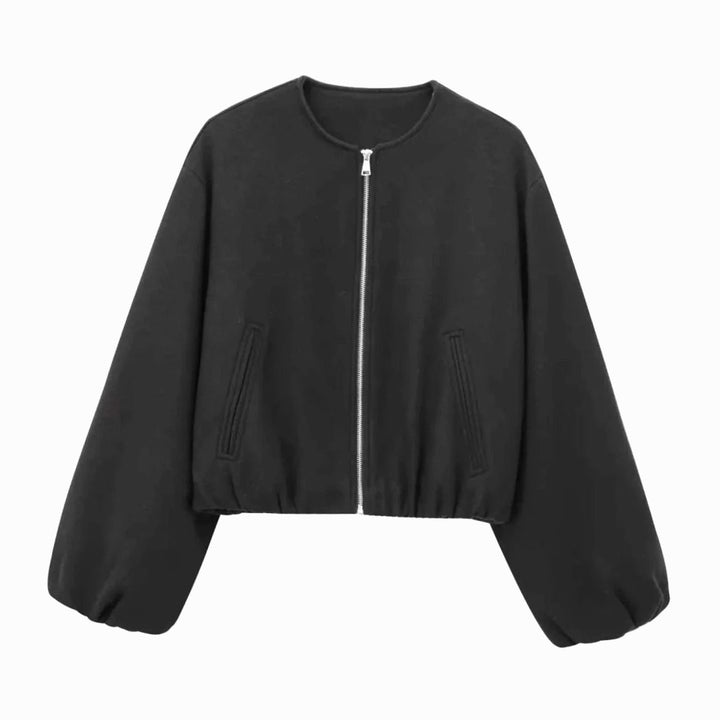 Damen Oversized Bomberjacke mit Ballonärmeln und Reißverschluss - Schwarz