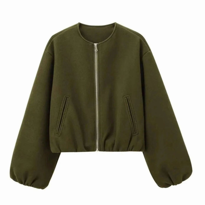 Damen Oversized Bomberjacke mit Ballonärmeln und Reißverschluss - Dunkelgrün