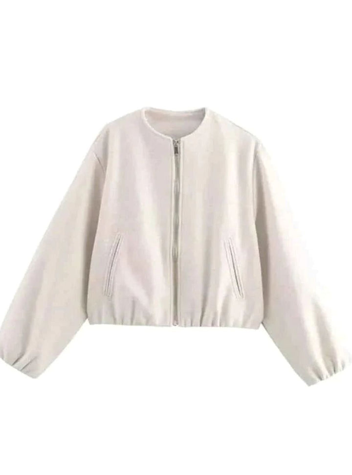 Damen Oversized Bomberjacke mit Ballonärmeln und Reißverschluss - Beige