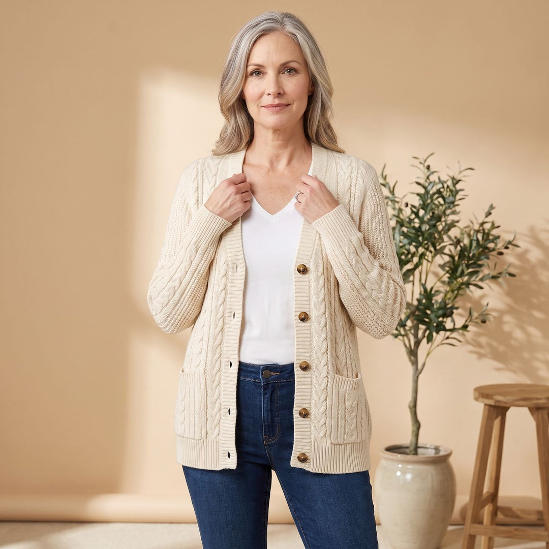 Damen Oversized Cable-Knit Strickjacke mit Knopfleiste und Taschen - Creme