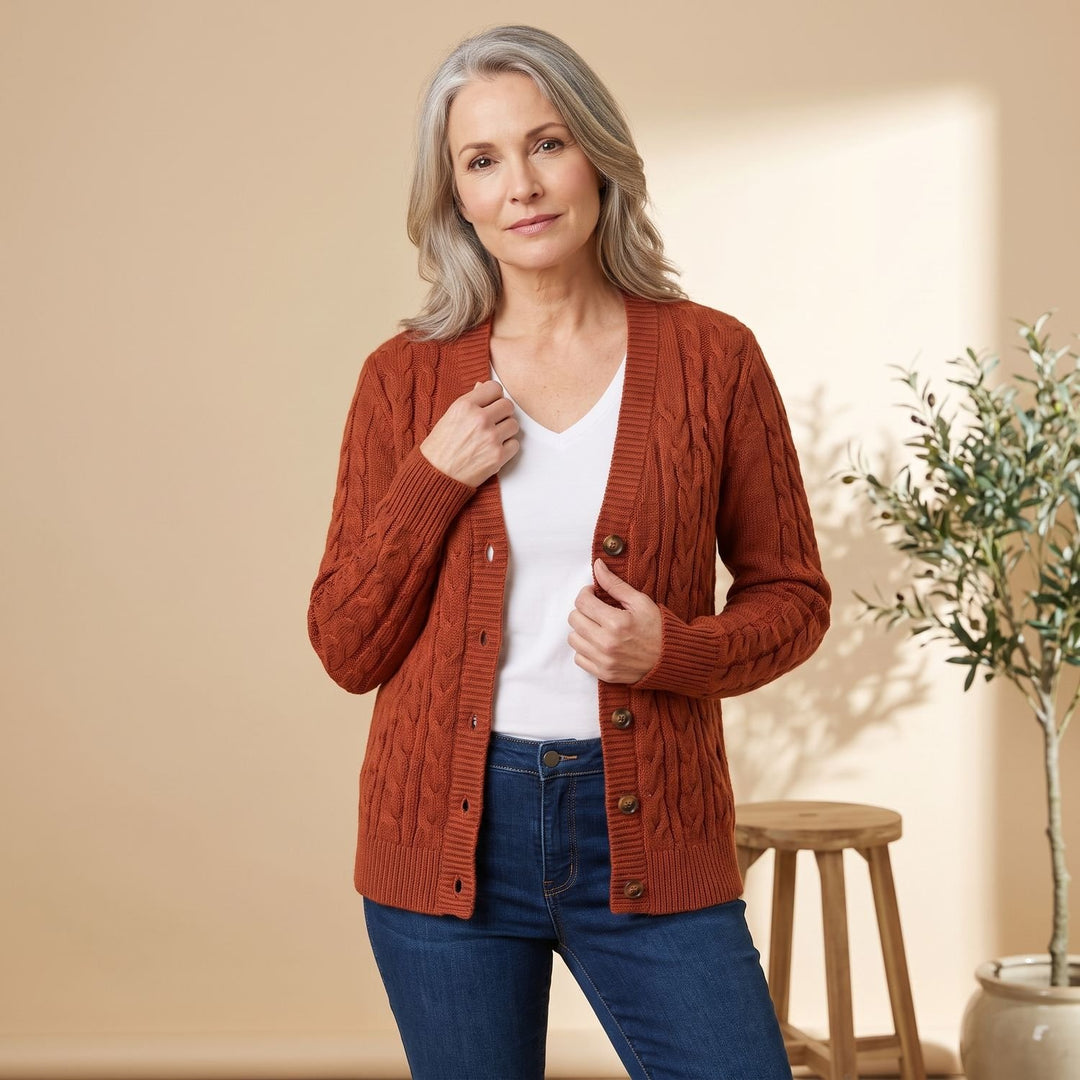 Damen Oversized Cable-Knit Strickjacke mit Knopfleiste und Taschen - Ziegelrot