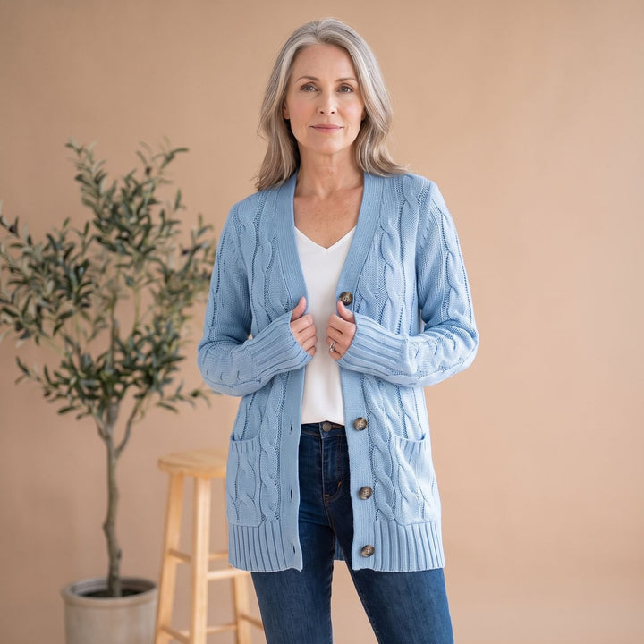 Damen Oversized Cable-Knit Strickjacke mit Knopfleiste und Taschen - Blau