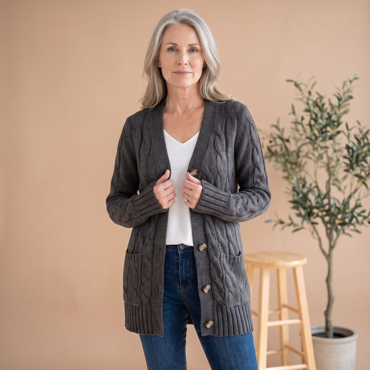 Damen Oversized Cable-Knit Strickjacke mit Knopfleiste und Taschen - Dunkelgrau