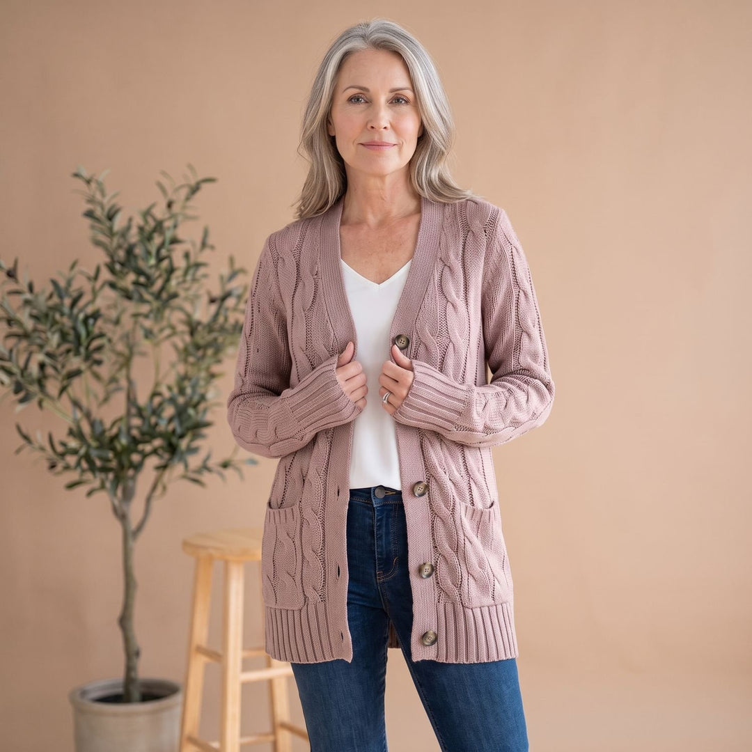 Damen Oversized Cable-Knit Strickjacke mit Knopfleiste und Taschen - Rosa