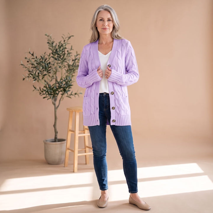 Damen Oversized Cable-Knit Strickjacke mit Knopfleiste und Taschen - Lila