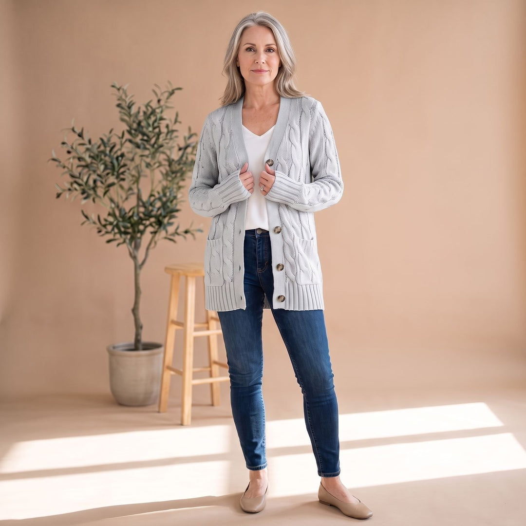 Damen Oversized Cable-Knit Strickjacke mit Knopfleiste und Taschen - Grau