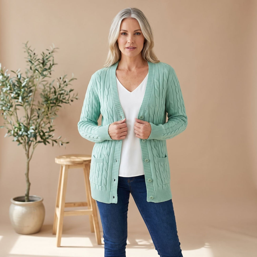 Damen Oversized Cable-Knit Strickjacke mit Knopfleiste und Taschen - Mint