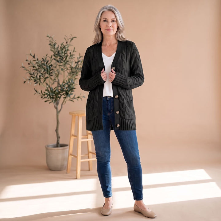 Damen Oversized Cable-Knit Strickjacke mit Knopfleiste und Taschen - Schwarz