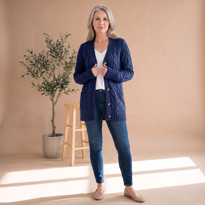 Damen Oversized Cable-Knit Strickjacke mit Knopfleiste und Taschen - Navyblau