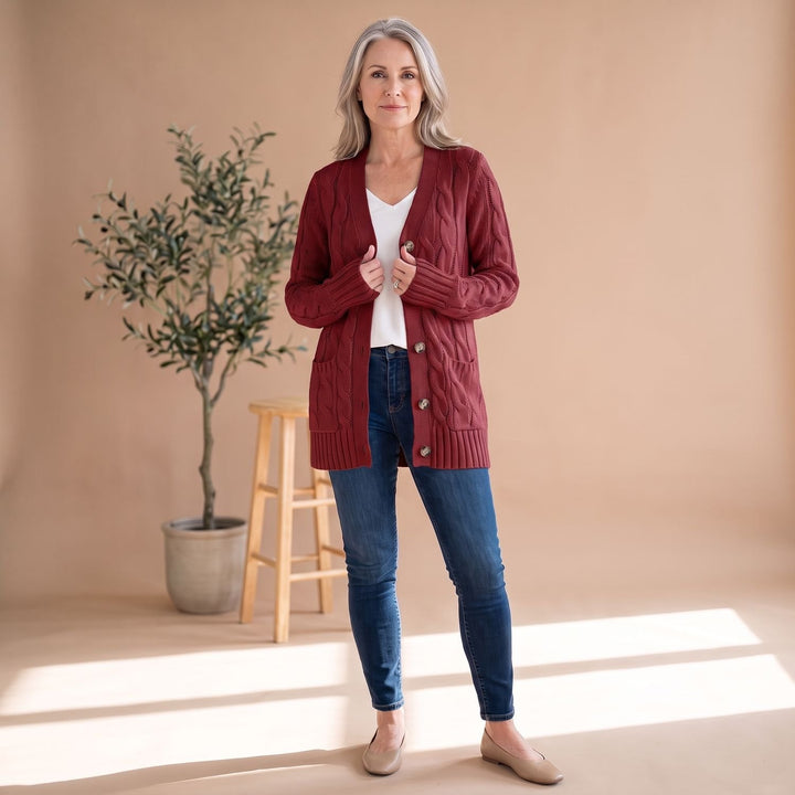 Damen Oversized Cable-Knit Strickjacke mit Knopfleiste und Taschen - Burgunderrot