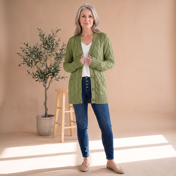 Damen Oversized Cable-Knit Strickjacke mit Knopfleiste und Taschen - Armeegrün