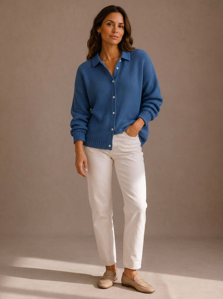 Damen Oversized Cardigan mit Kragen und Knopfleiste - Blau