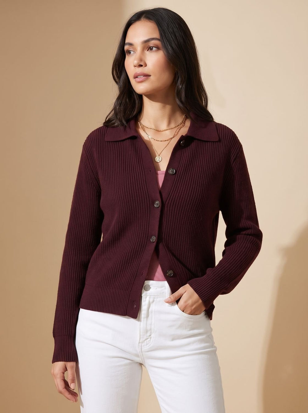 Damen Oversized Cardigan mit Kragen und Knopfleiste - Rot