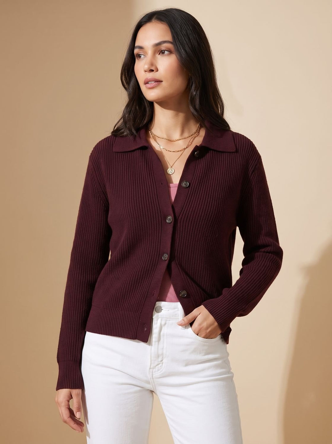 Damen Oversized Cardigan mit Kragen und Knopfleiste - Rot