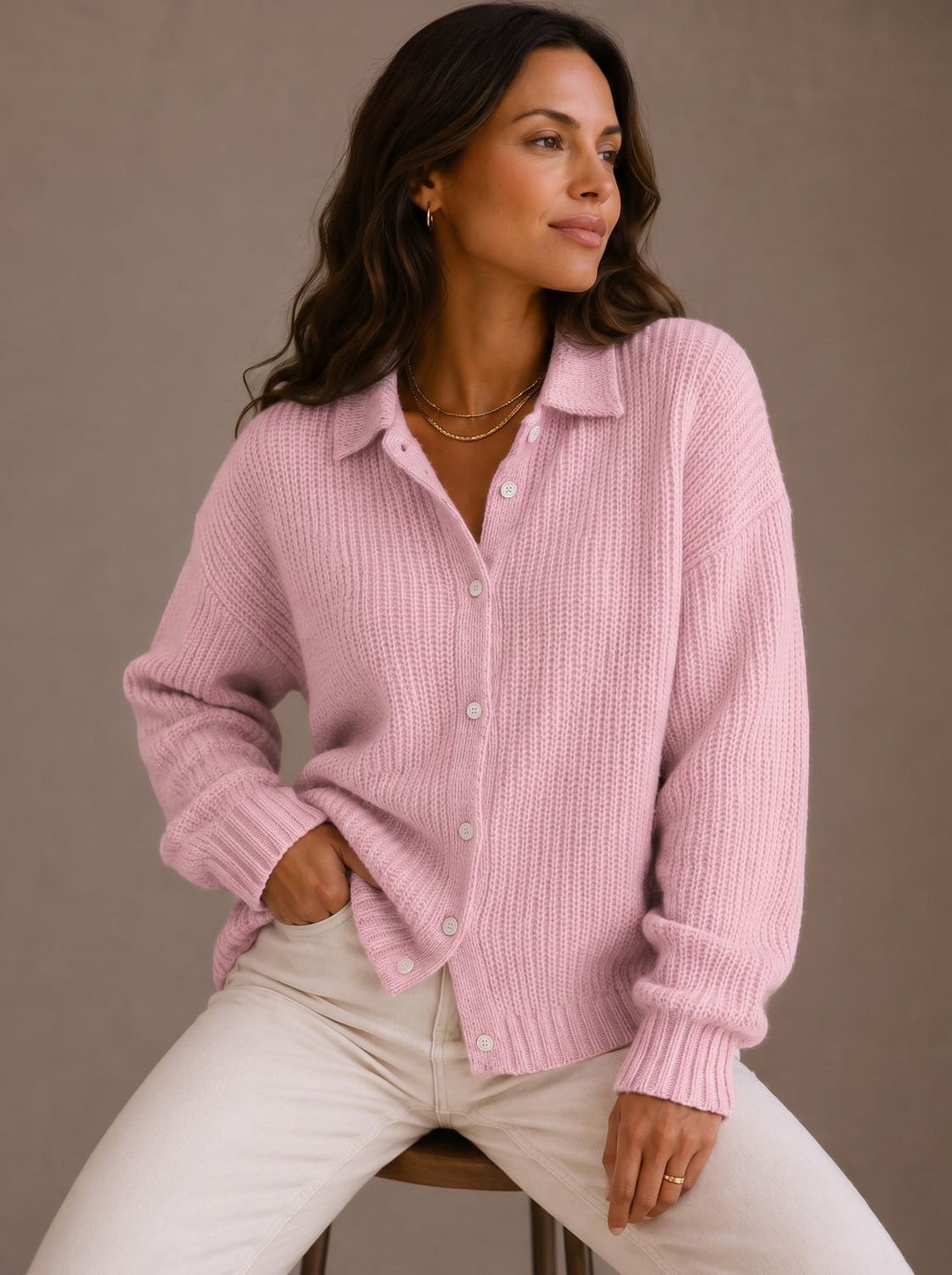 Damen Oversized Cardigan mit Kragen und Knopfleiste - Rosa