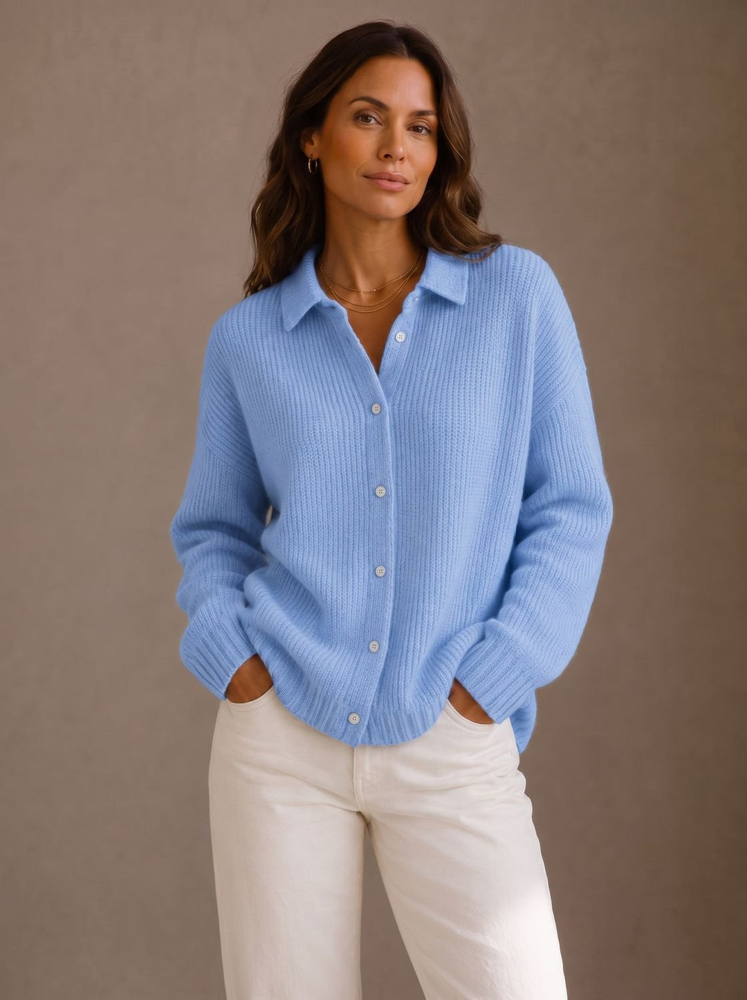 Damen Oversized Cardigan mit Kragen und Knopfleiste - Hellblau