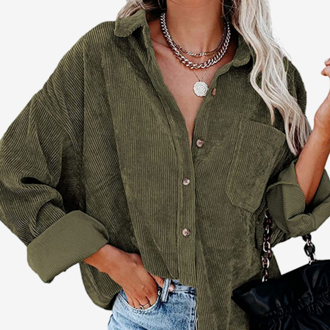 Damen Oversized Cord-Hemdjacke mit Brusttasche und Knopfleiste - Grün