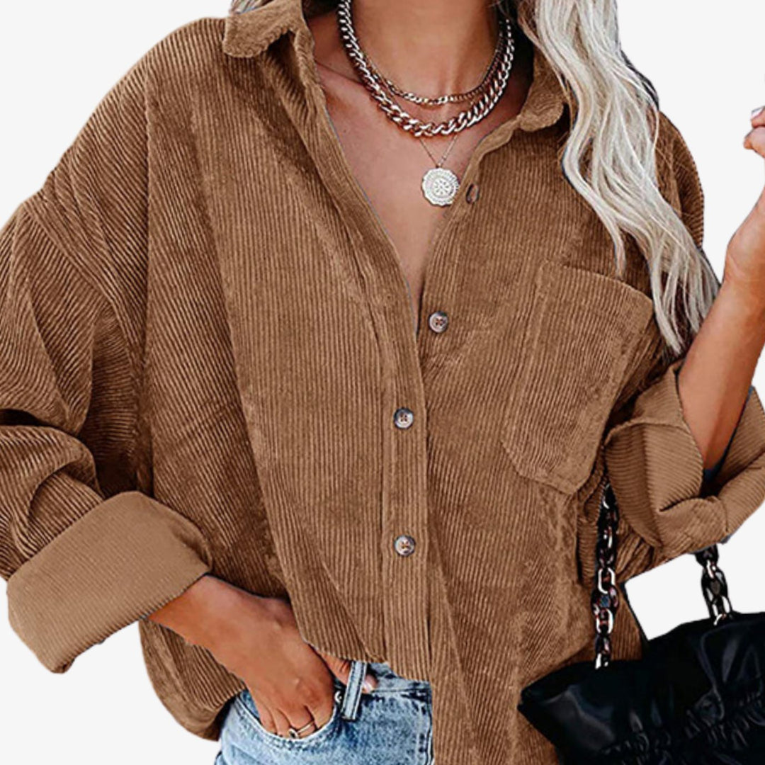 Damen Oversized Cord-Hemdjacke mit Brusttasche und Knopfleiste - Braun