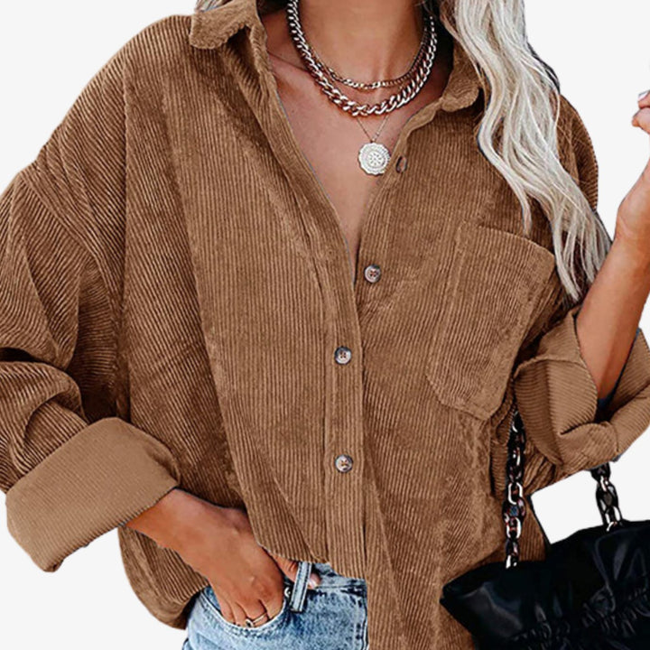 Damen Oversized Cord-Hemdjacke mit Brusttasche und Knopfleiste - Braun