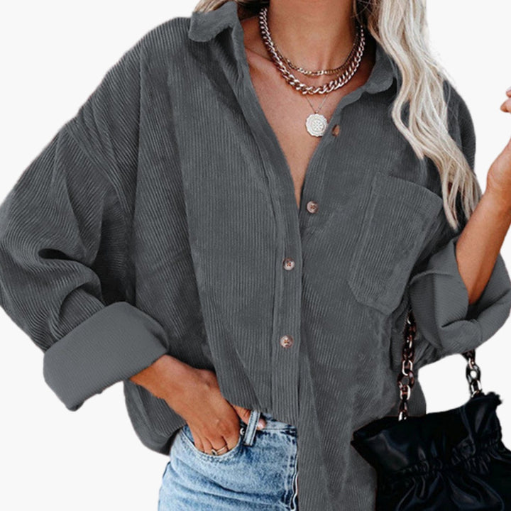 Damen Oversized Cord-Hemdjacke mit Brusttasche und Knopfleiste - Grau