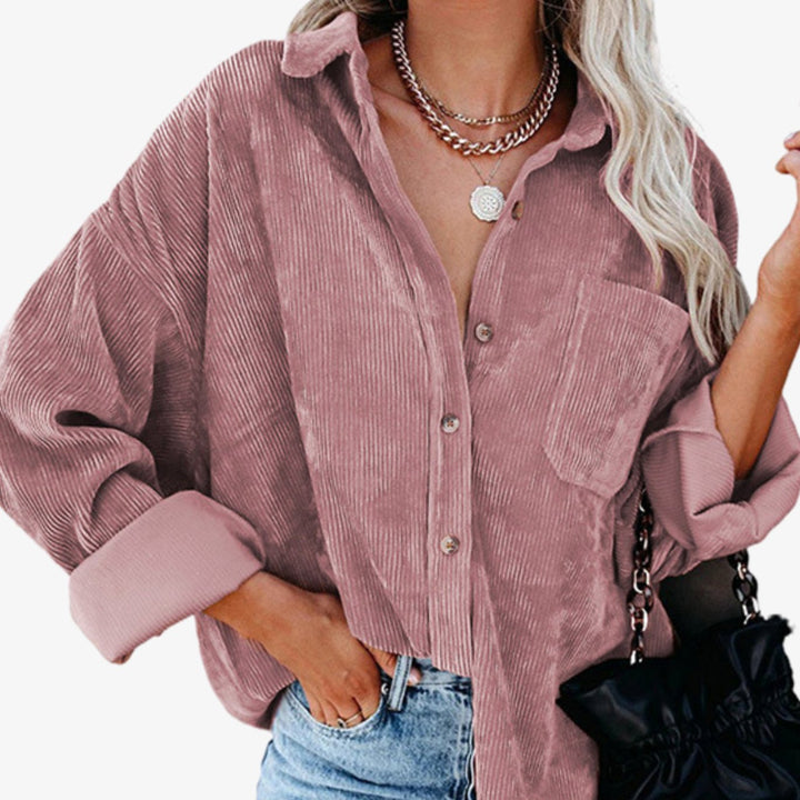 Damen Oversized Cord-Hemdjacke mit Brusttasche und Knopfleiste - Rosa