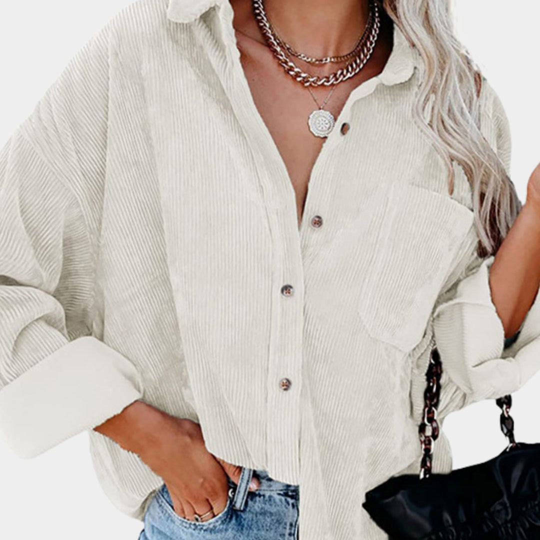 Damen Oversized Cord-Hemdjacke mit Brusttasche und Knopfleiste - Weiß