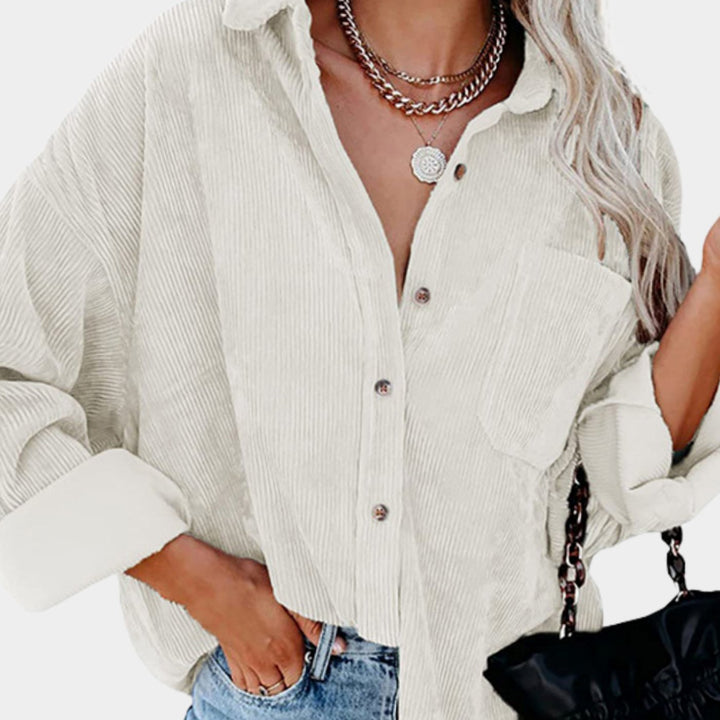 Damen Oversized Cord-Hemdjacke mit Brusttasche und Knopfleiste - Weiß