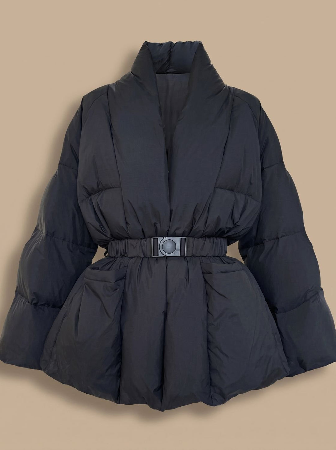 Damen Oversized Daunenjacke mit Gürtel Stehkragen Puffer Coat - Schwarz