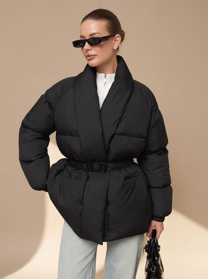 Damen Oversized Daunenjacke mit Gürtel Stehkragen Puffer Coat
