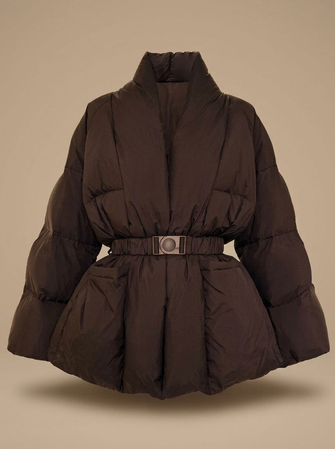 Damen Oversized Daunenjacke mit Gürtel Stehkragen Puffer Coat - Kaffee