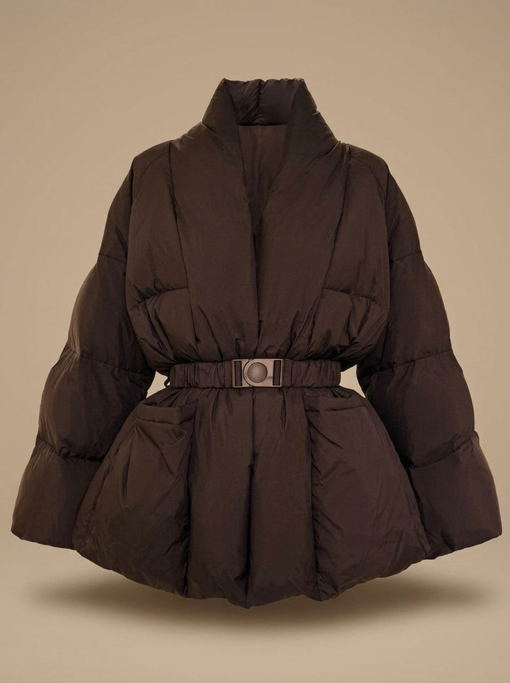 Damen Oversized Daunenjacke mit Gürtel Stehkragen Puffer Coat - Kaffee