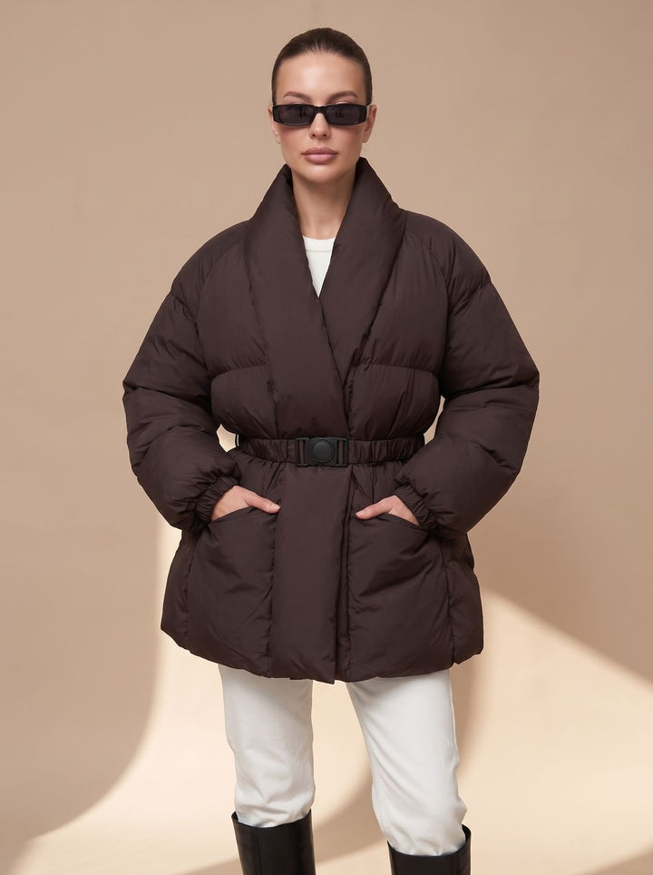 Damen Oversized Daunenjacke mit Gürtel Stehkragen Puffer Coat