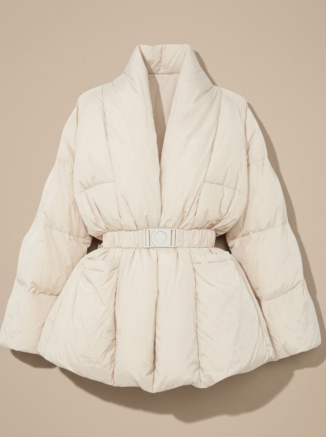 Damen Oversized Daunenjacke mit Gürtel Stehkragen Puffer Coat - Creme