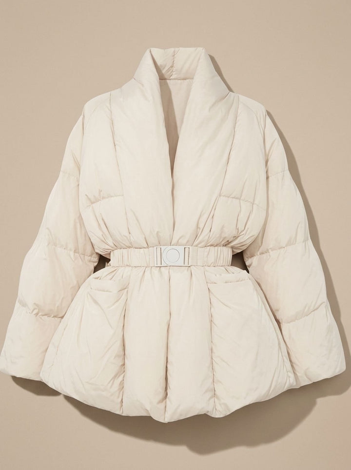 Damen Oversized Daunenjacke mit Gürtel Stehkragen Puffer Coat - Creme