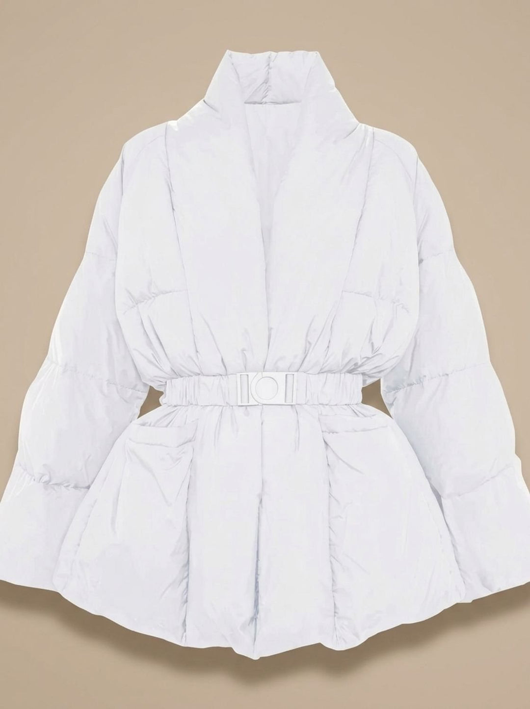 Damen Oversized Daunenjacke mit Gürtel Stehkragen Puffer Coat - Weiß